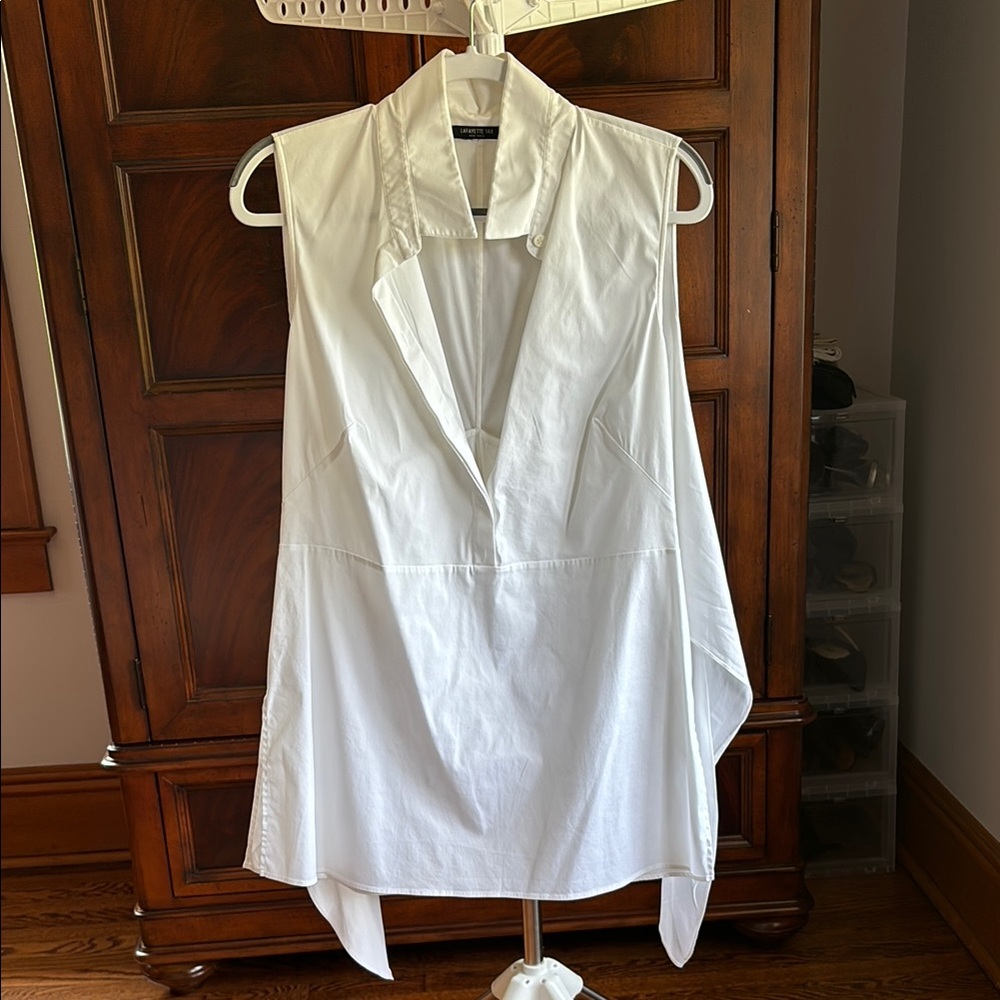 Lafayette 148 New York White Asymmetrical Wrap Tunic Notched Collar